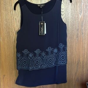 Diane Gilman Blue Asymmetrical Embellished Tank Top